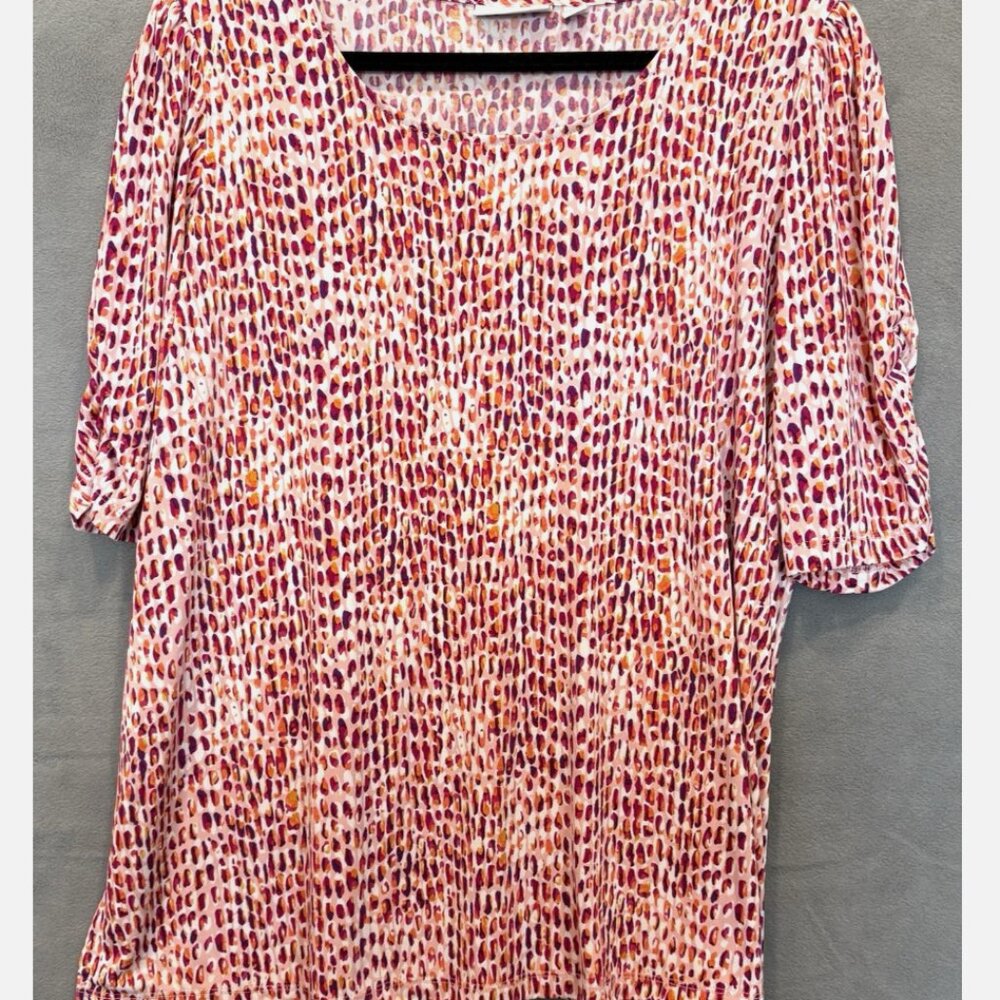 Susan Graver Elbow Sleeve Blouse Italia Knit Red/Orange Print 2X Plus Size